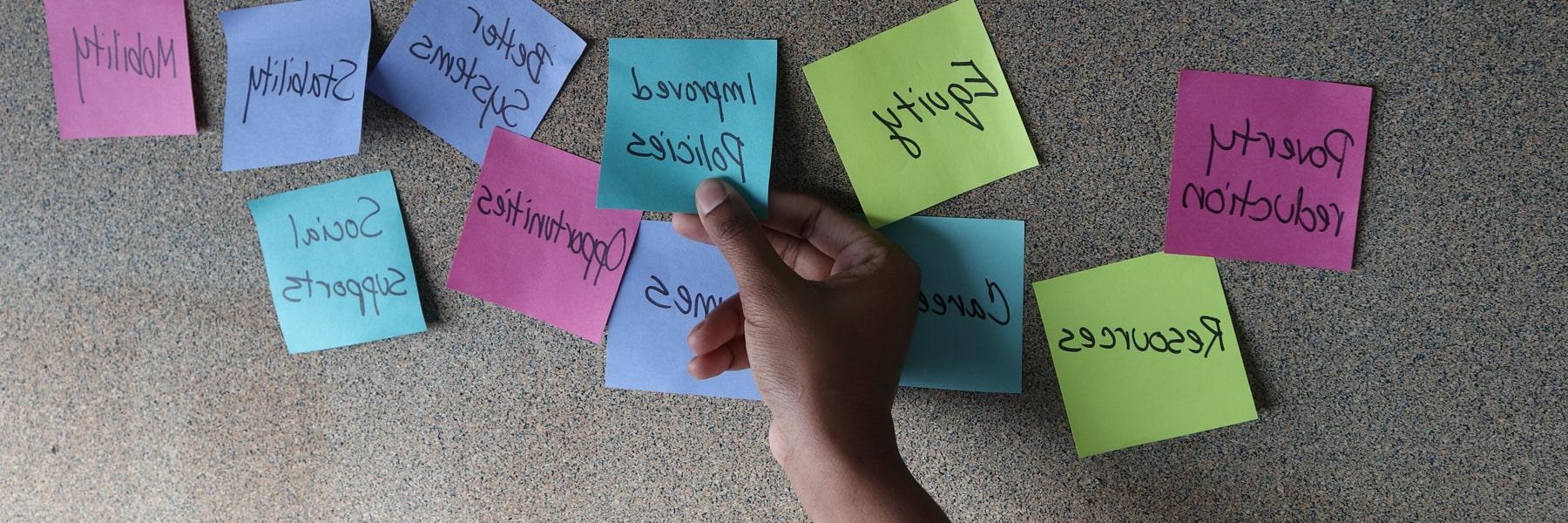 persons hand posting sticky notes on a board that read equity related words like 'poverty reduction,' 'opportunities,' 'social supports'